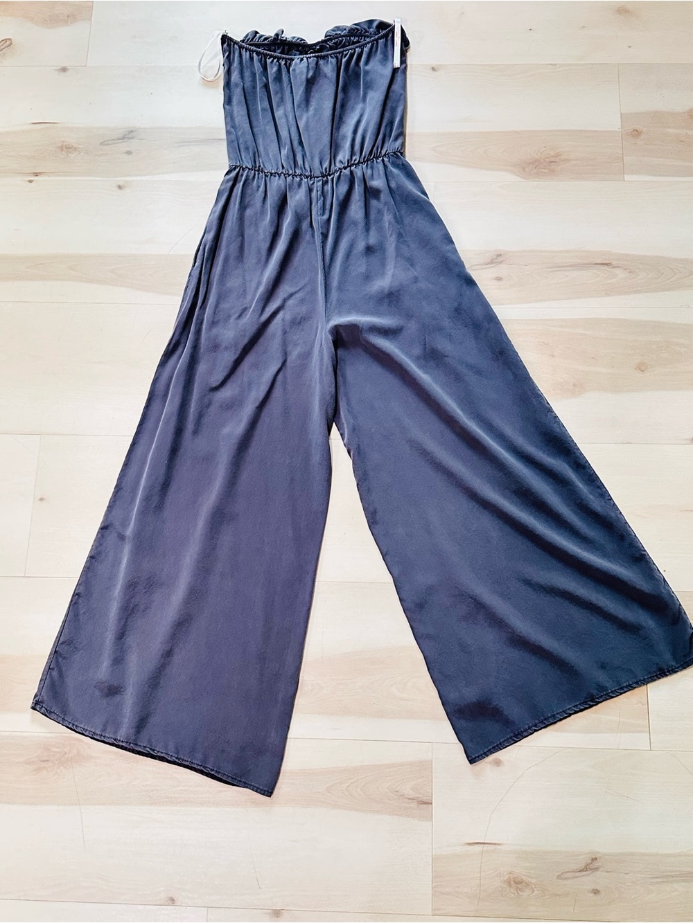 Karina Grimaldi strapless silk jumpsuit M elastic waist ruffled neckline - Picture 7 of 13